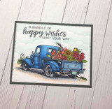 Card with a blue flower truck, 'a bundle of happy wishes sent your way.'