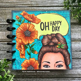 Planner cover with the brunette messy-bun girl beside orange poppies on teal and a yellow speech bubble reading 'OH happy day'