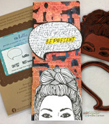 Tag with the messy-bun girl over an orange brick background and a speech bubble reading 'BE PRESENT', shown with the red rubber stamps