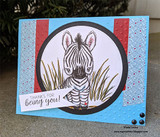 Blue card with the zebra in a circle and red side panels, 'Thanks for being you.'