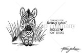 Line-art stamp of a wide-eyed baby zebra with 'embrace your stripes' and 'Thanks for being you' – Cuddlebug Zebra by Tierra Jackson.