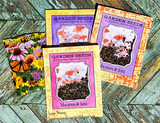 Card layering the burlap background behind stamped 'Garden Seeds' seed packets.