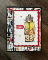 Black-and-white burlap texture card with a girl reading and 'hello.'