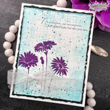 Teal burlap background card with purple silhouette daisies and 'just gratitude for who you are.'