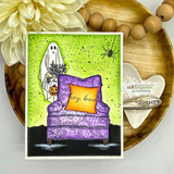 Handmade card featuring the delicate all-over lace pattern filling an A2 background, in green with a ghost, stamped with 'Let your soul bloom'.