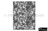 A red rubber background stamp of a delicate all-over lace pattern covering an A2 card.