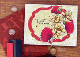 Red card of the tapestry background with white blooms and "Trust the wait."