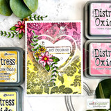 Bright oxide cards of the tapestry background with a heart and "just because."
