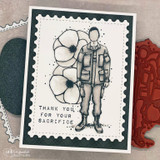 Card of the serviceman with poppies on a navy postage-stamp frame, 'Thank you for your sacrifice.'