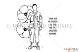 Line-art stamp of a serviceman in uniform beside poppies with 'Thank you for the risk you take and the sacrifices you make.'