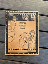 Kraft card with the uniformed girl and poppies stamped in sepia with 'thank you for your service.'