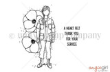 Red rubber stamp sheet: a girl in military uniform standing with red poppies and 'A heart felt thank you for your service.'