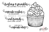 Line-art stamp of a swirl-frosted cupcake with sentiments 'cupcake wishes on your birthday' and 'every day is cupcake day' – Cupcake Day by Graciellie Design.