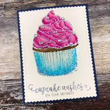 Card with a pink-and-teal watercolor cupcake and 'cupcake wishes on your birthday.'