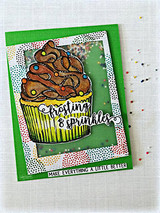 Green card with a brown-frosted cupcake and 'frosting & sprinkles make everything a little better.'