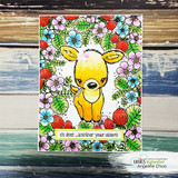 Card with the fawn colored in yellow inside a hand-colored wreath of strawberries and flowers, stamped 'oh deer...another year older!!!'