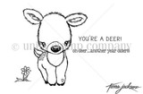Red rubber stamp sheet: a sketched baby fawn facing forward with a tiny heart on its chest and a small flower, beside 'YOU'RE A DEER!' and 'oh deer...another year older!!!'