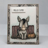 Card of the colored pony at a wooden fence with a "Hello Cutie" banner.