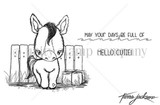 Outline stamp sheet of a bashful pony leaning on a fence with hay bales, beside "may your days be full of sunshine" and "Hello cutie."