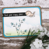 Card with a blue bird on a bare branch against a soft cloud sky, 'find your happy place.'