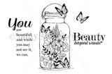 Uncolored red rubber flower-jar stamp with butterflies and 'Beauty beyond words.'
