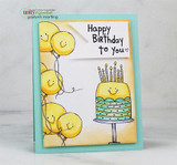Smiley balloons and a grinning cake, 'Happy Birthday to you,' on aqua.
