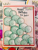 Cluster of smiley green balloons, 'Happy Birthday to you,' red frame.