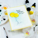 Two smiley yellow balloons on a soft blue wash, 'Happy Birthday to you.'