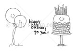 Uncolored red rubber grinning cake and smiley balloon stamps, 'Happy Birthday to you.'