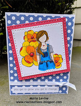 Navy polka-dot card with a red frame, the girl in a blue top among golden blooms, and the grow-and-change sentiment on a strip.
