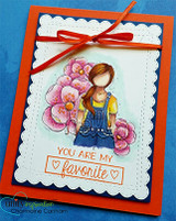 Blue and orange card with the girl among pink blooms; the you-are-my-favorite wording is from another set.