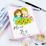 Pink scalloped card with the two women colored in teal and pink behind a yellow bouquet, with Mom and You are the best part of me stamped at the right.