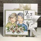 Cream and green card with a large paper bloom, the two women colored softly behind a cream bouquet, satin bow and the best part of me panel.