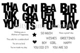Line-art red rubber stamp set 'Say It Big' showing oversized bold block-letter words THANK YOU, CONGRATS, BEAUTIFUL and BIRTHDAY with smaller sentiment strips.