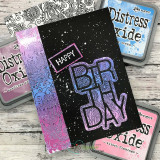 Oversized bold block-letter greeting words stamped in red rubber and colored on a handmade card reading "Congrats."