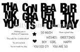 Line-art red rubber stamp set 'Say It Big' showing oversized bold block-letter words THANK YOU, CONGRATS, BEAUTIFUL and BIRTHDAY with smaller sentiment strips.