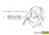 Line-art red rubber stamp of a little girl holding a bird, 'little by little things will get better' and 'it is not selfish to do what is best for you.'