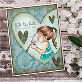 Card with the girl and bird colored over a teal panel with hearts, 'little by little things will get better.'