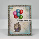 Kraft lattice-embossed card with the hedgehog holding jewel-tone balloons above a “happy, happy day.” sentiment strip.