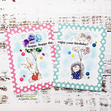 Pair of stitched panels on shabby wood, one with the bunny and one with the hedgehog, each holding balloons over “happy, happy day.” and “enjoy your birthday!”