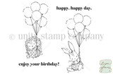 Hoppy & Hedgie red rubber stamp set in sketchy line art: a hedgehog and a bunny each holding a bunch of balloons, with the sentiments “enjoy your birthday!” and “happy, happy day.” Illustrated by Lisa Glanz.