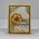 Handmade card made with Unity Stamp Co’s Time to Refresh red rubber stamp set — tropical hibiscus flowers and monstera and palm leaves — stamped and colored, with the sentiment “Time to hit refresh”.