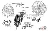 Time to Refresh red rubber stamp set from Unity Stamp Co — tropical hibiscus flowers and monstera and palm leaves — shown on the black-line stamp sheet with sentiment stamps including “Time to hit refresh” and “Slow down & enjoy life just a bit”.