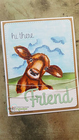 Watercolored brown cow peeking over a 'Friend' die on a soft card with 'hi there'.