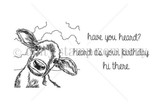 Line-art stamp sheet: peeking cow with 'have you heard? / heard it's your birthday / hi there' sentiments.