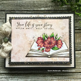 Vintage card with the book and red-orange flowers on a blush background, tied with ribbon and lettered 'Your life is your story write well. edit often.'