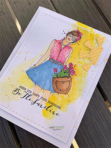 Card with the sunshine girl over a bright yellow sunburst, 'When you can't find sunshine be the sunshine.'
