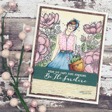 Card with the sunshine girl among pink peonies, 'When you can't find sunshine be the sunshine.'
