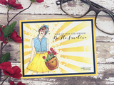 Card with the sunshine girl over a golden sunburst, 'When you can't find sunshine be the sunshine.'