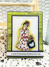 Green card with the sunshine girl in a polka-dot dress, 'A sweet friendship refreshes the soul.'